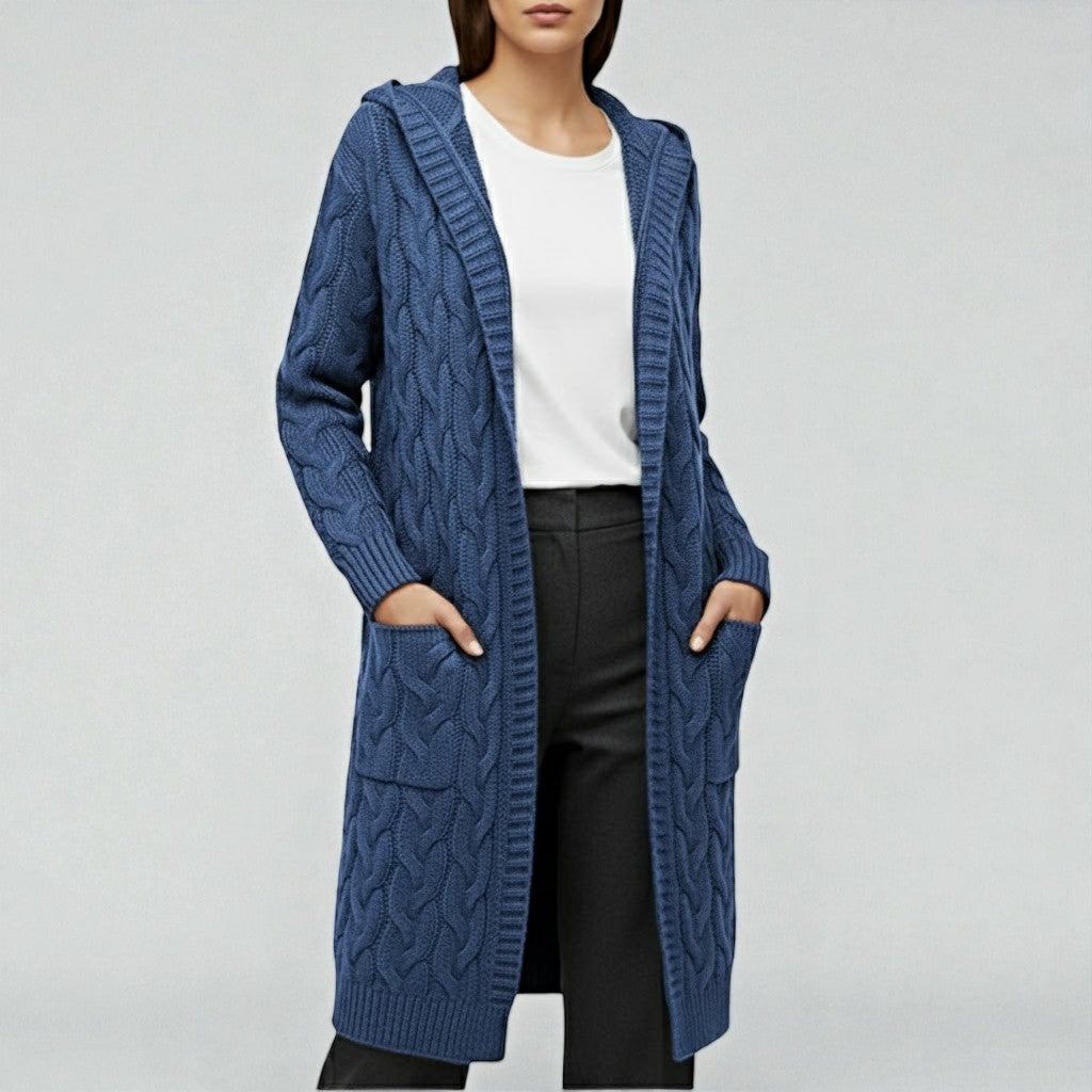 Women's cable knit long open-front cardigan in neutral tone with timeless textured pattern