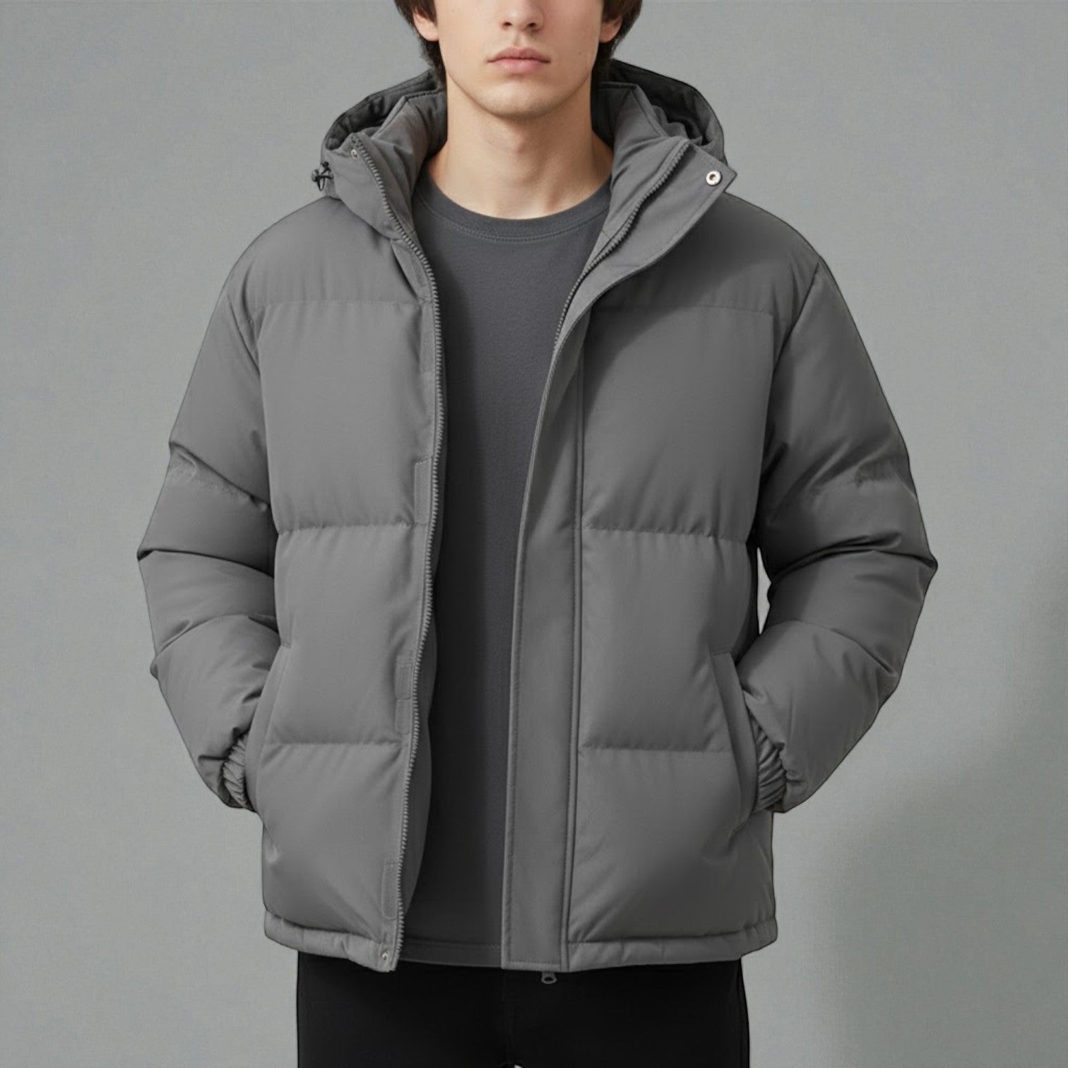 Men's cotton puffer jacket with integrated hood, thick insulation, clean modern silhouette for cold weather