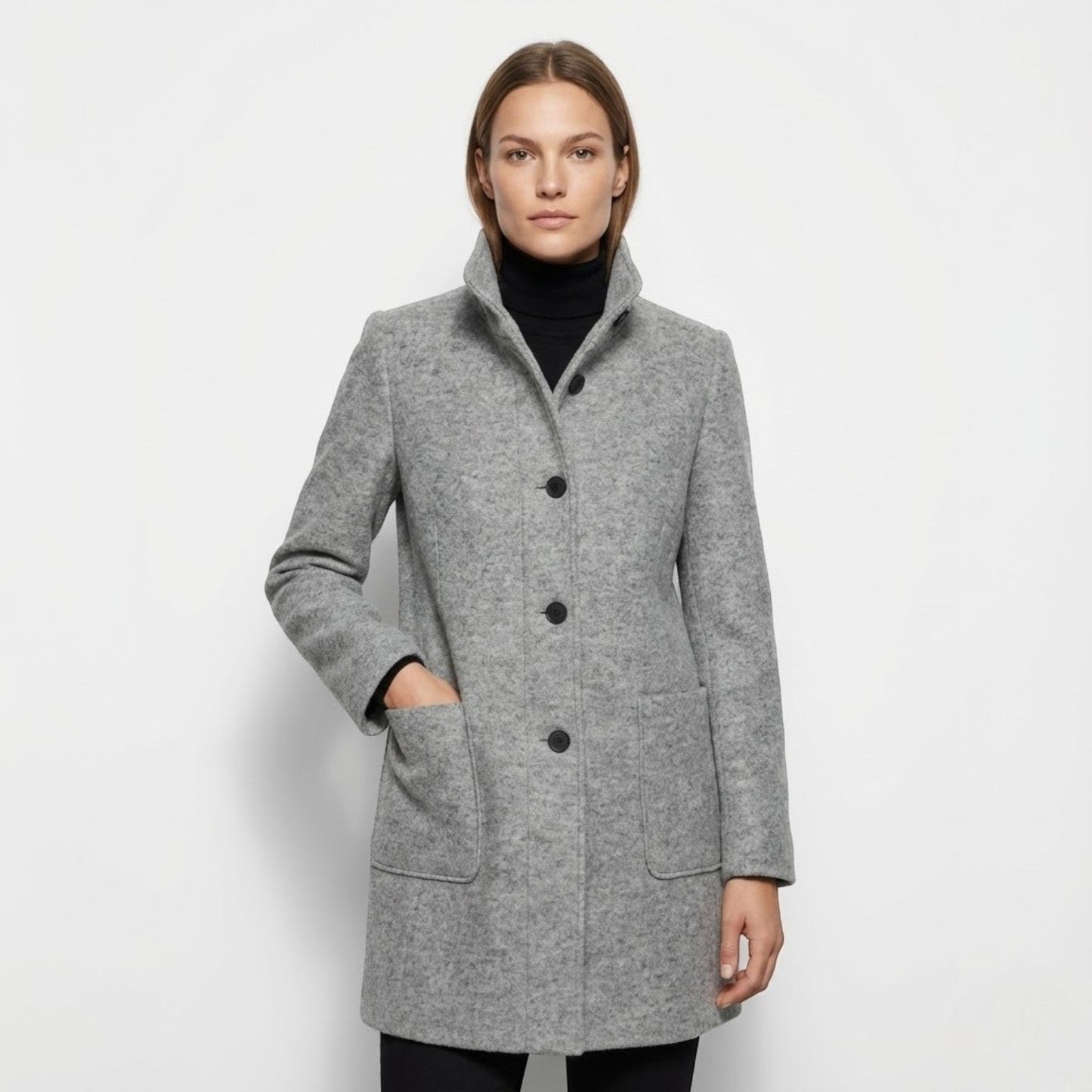 Women's long wool coat structured silhouette elegant modern cut for cold winter days