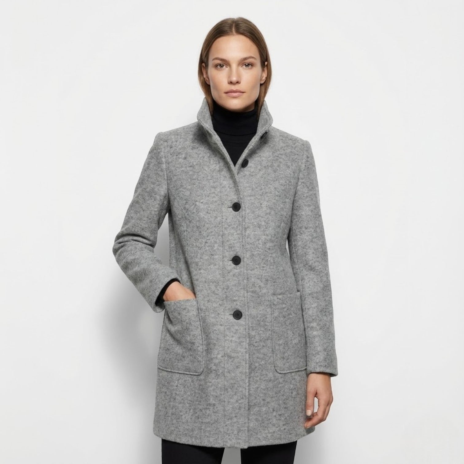 Women's long wool coat structured silhouette elegant modern cut for cold winter days