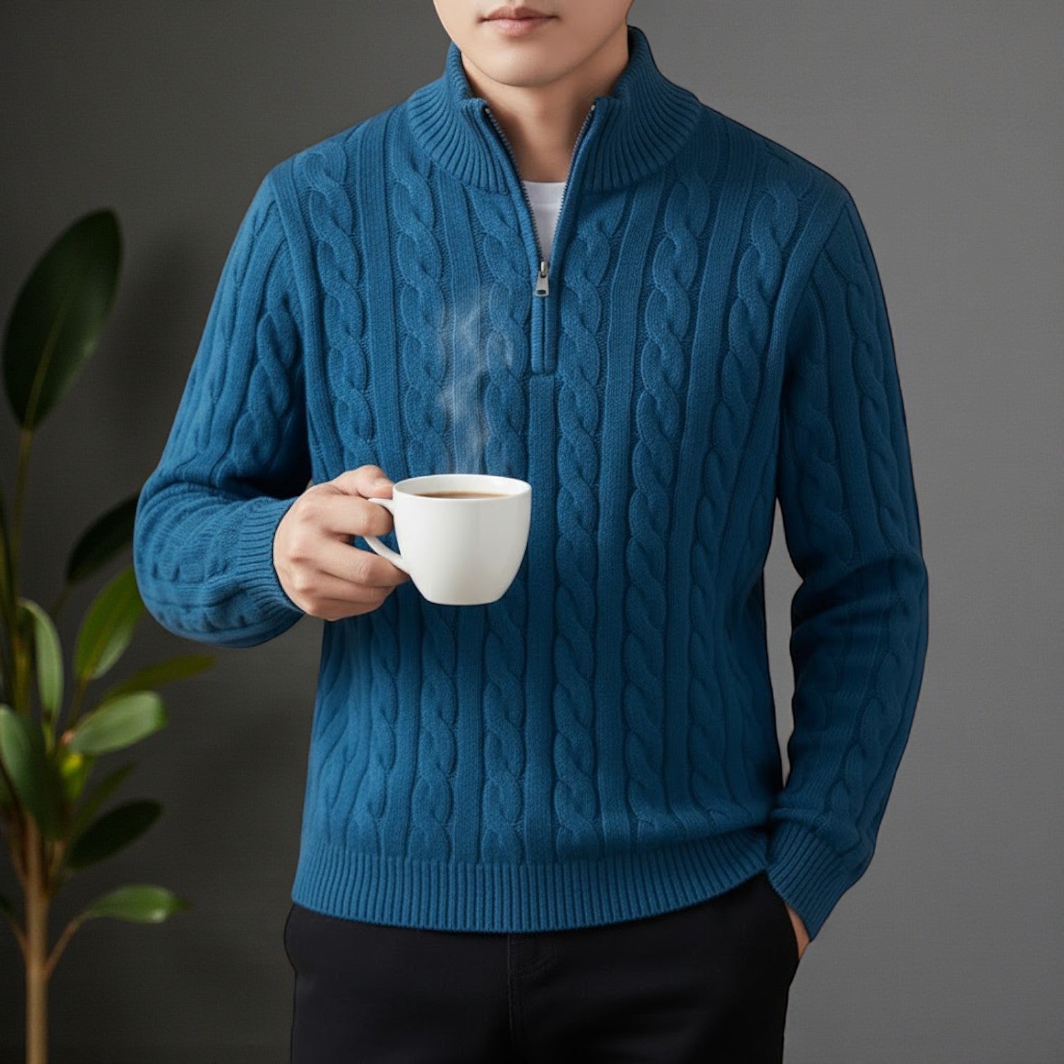 Men's cotton cable knit half-zip sweater in neutral tone, textured winter pullover for cozy everyday wear