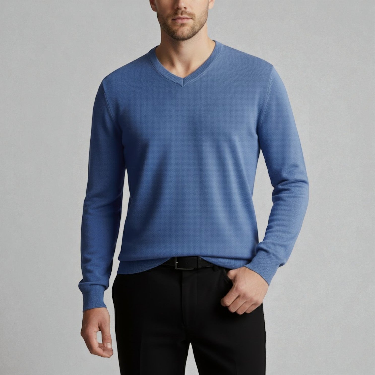 Bastien men's dense wool V-neck sweater classic fit in neutral tone for cold winter warmth