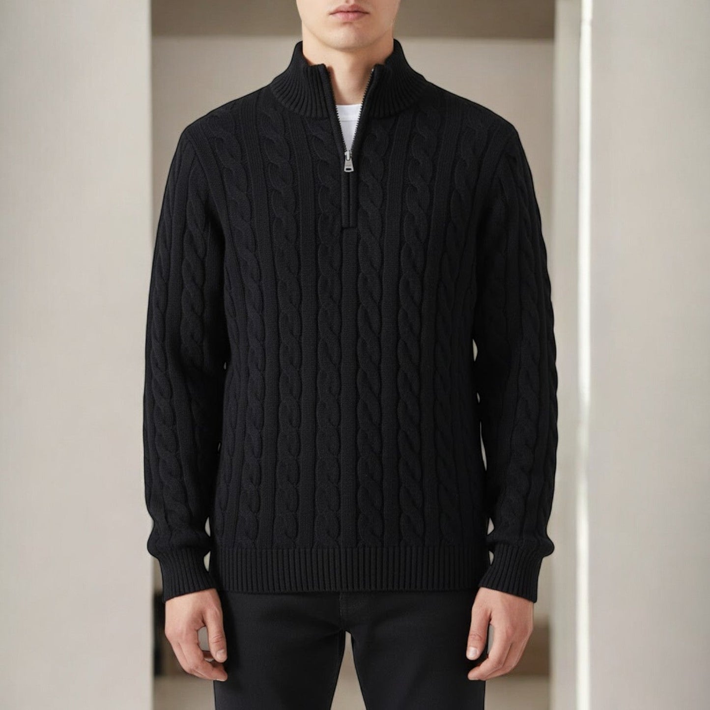 Men's cotton cable knit half-zip sweater in cozy winter style with textured knit pattern