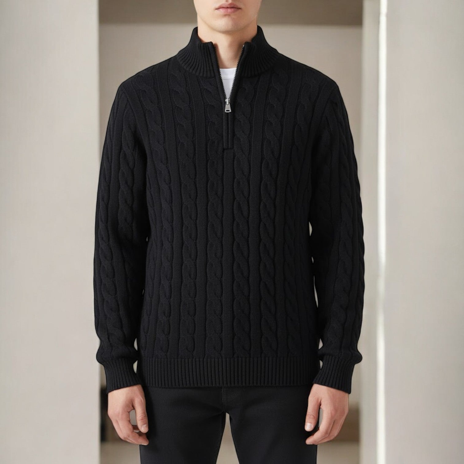Men's cotton cable knit half-zip sweater in cozy winter style with textured knit pattern