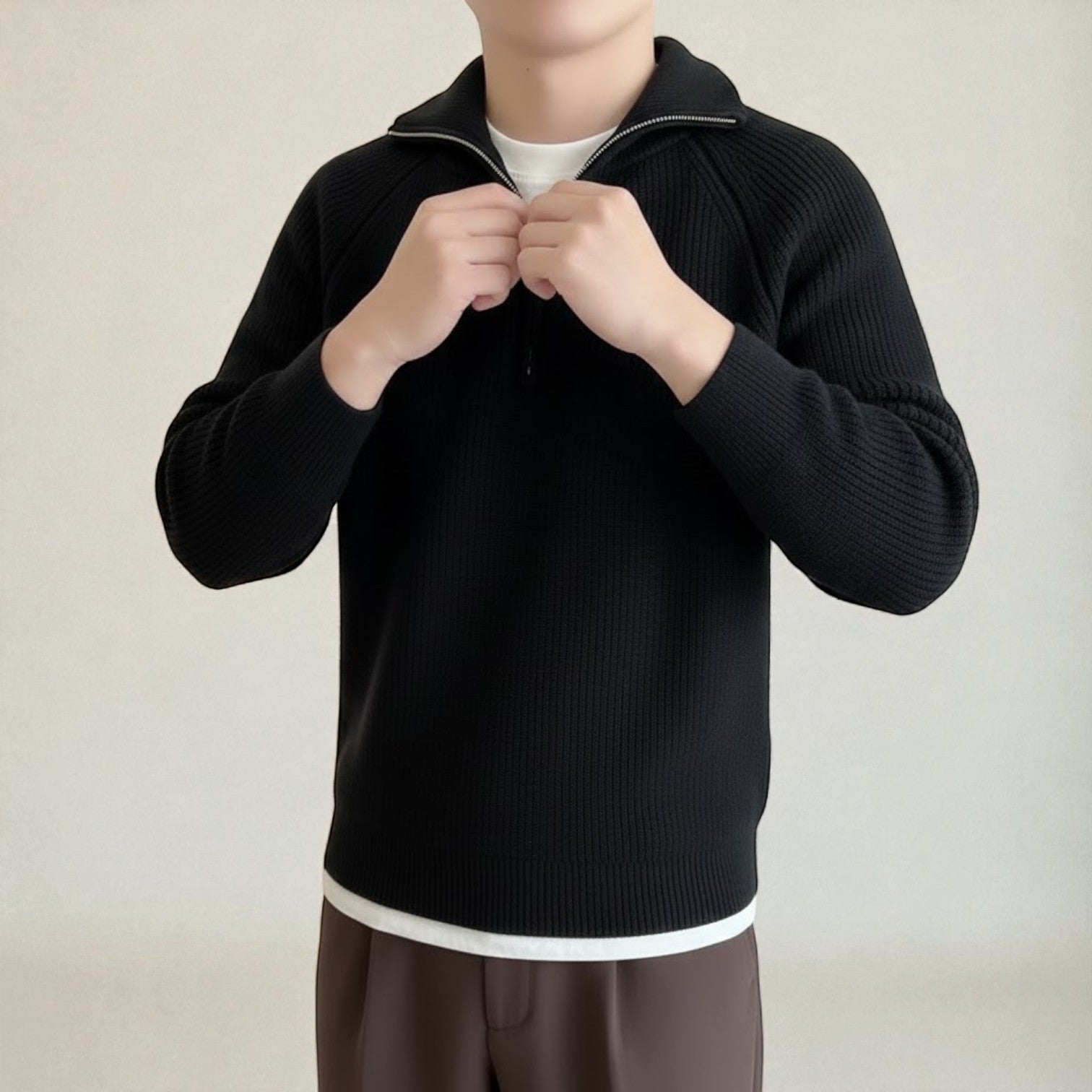 Men's wool quarter-zip winter sweater with durable textured knit for cold-weather comfort