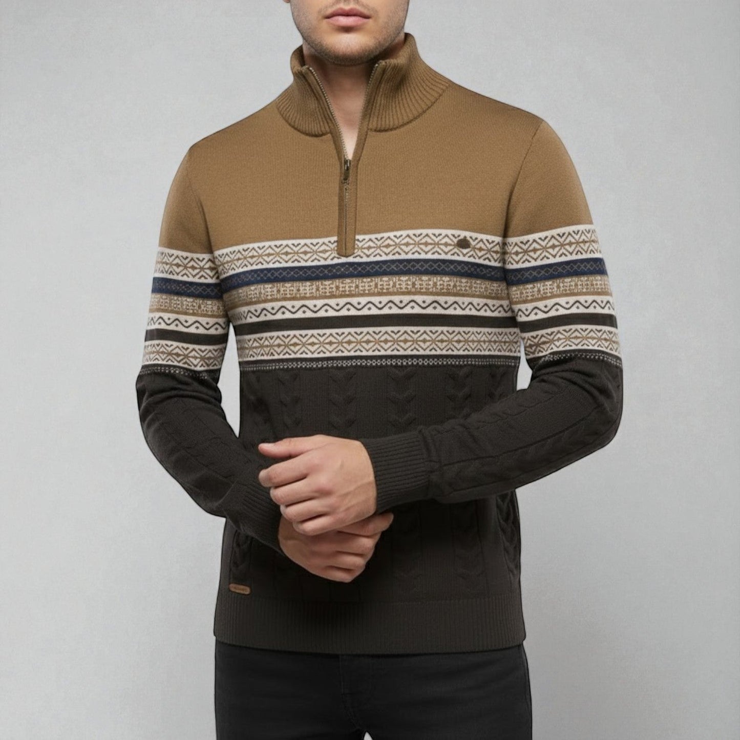 Men's cotton winter sweater stand-up collar retro knit pattern cozy warm vintage style
