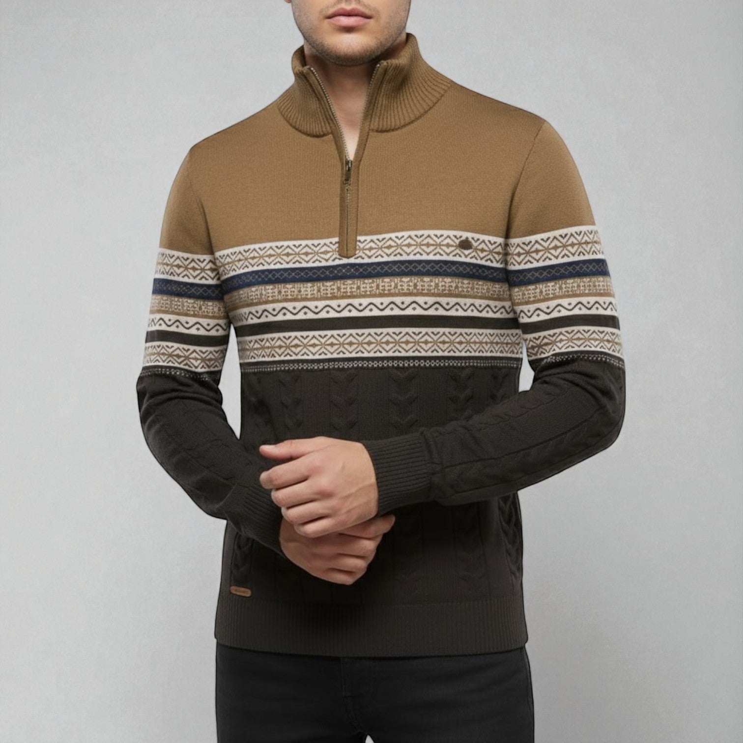 Men's cotton winter sweater stand-up collar retro knit pattern cozy warm vintage style