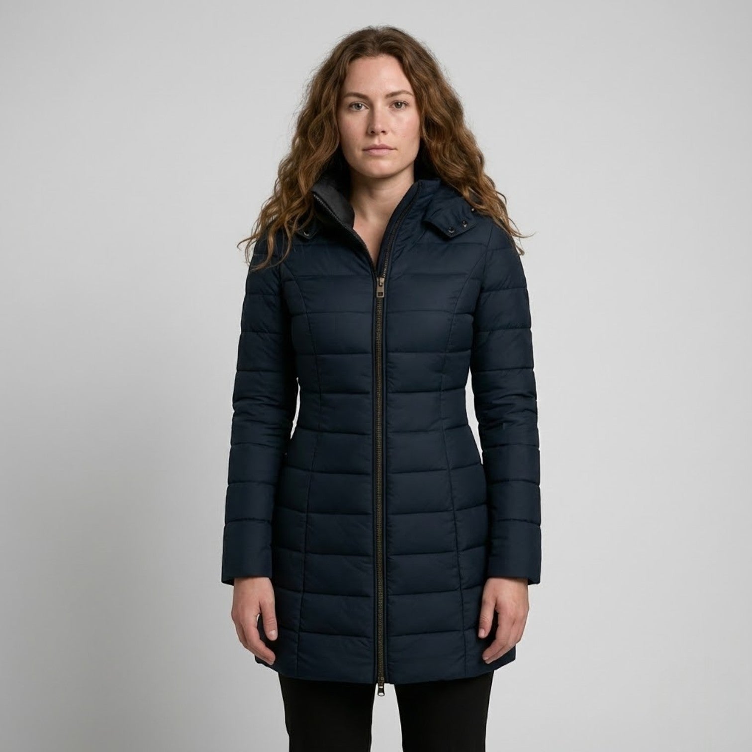 Women's cotton quilted puffer coat elegant long silhouette lightweight insulation city wear