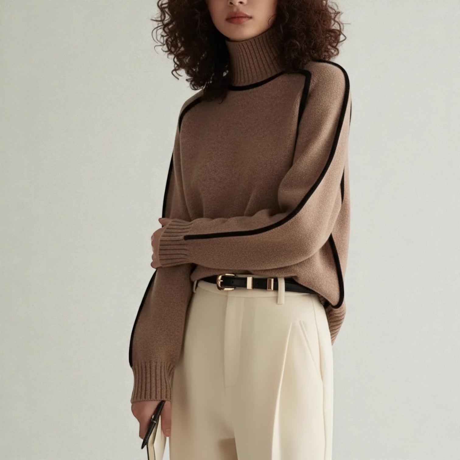 Women's loose-fit turtleneck wool sweater in textured knit for winter warmth and elegant layering