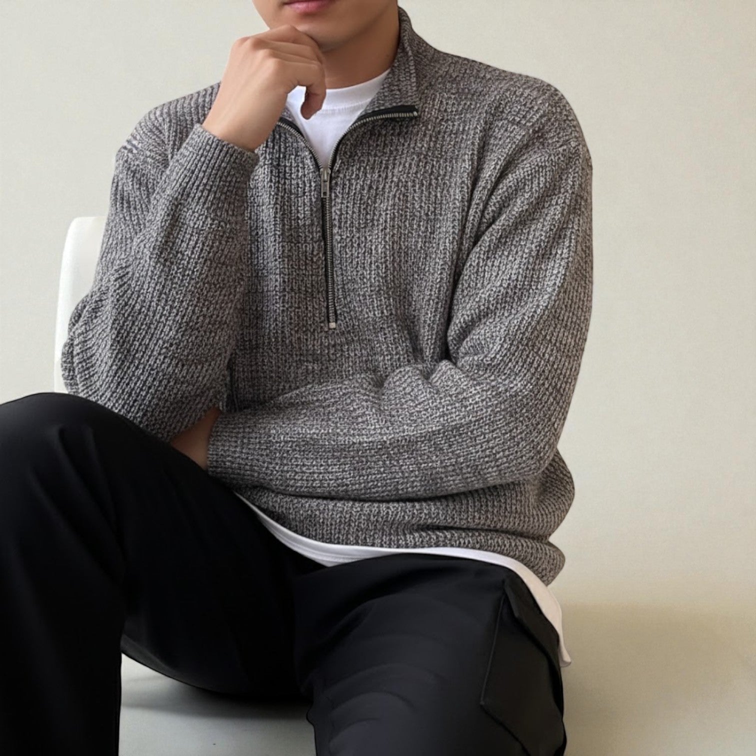 Sandro men's wool winter sweater, textured knit quarter-zip in modern cut for everyday wear