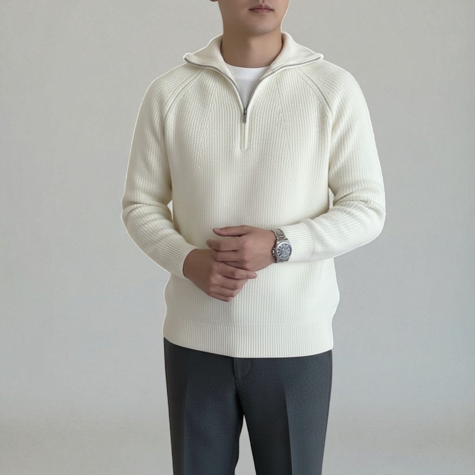 Men's wool quarter-zip winter sweater with durable textured knit for warmth and urban layering
