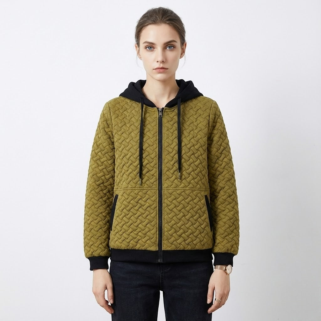 Talia women's quilted wool hooded jacket loose modern cut structured warmth red yellow black