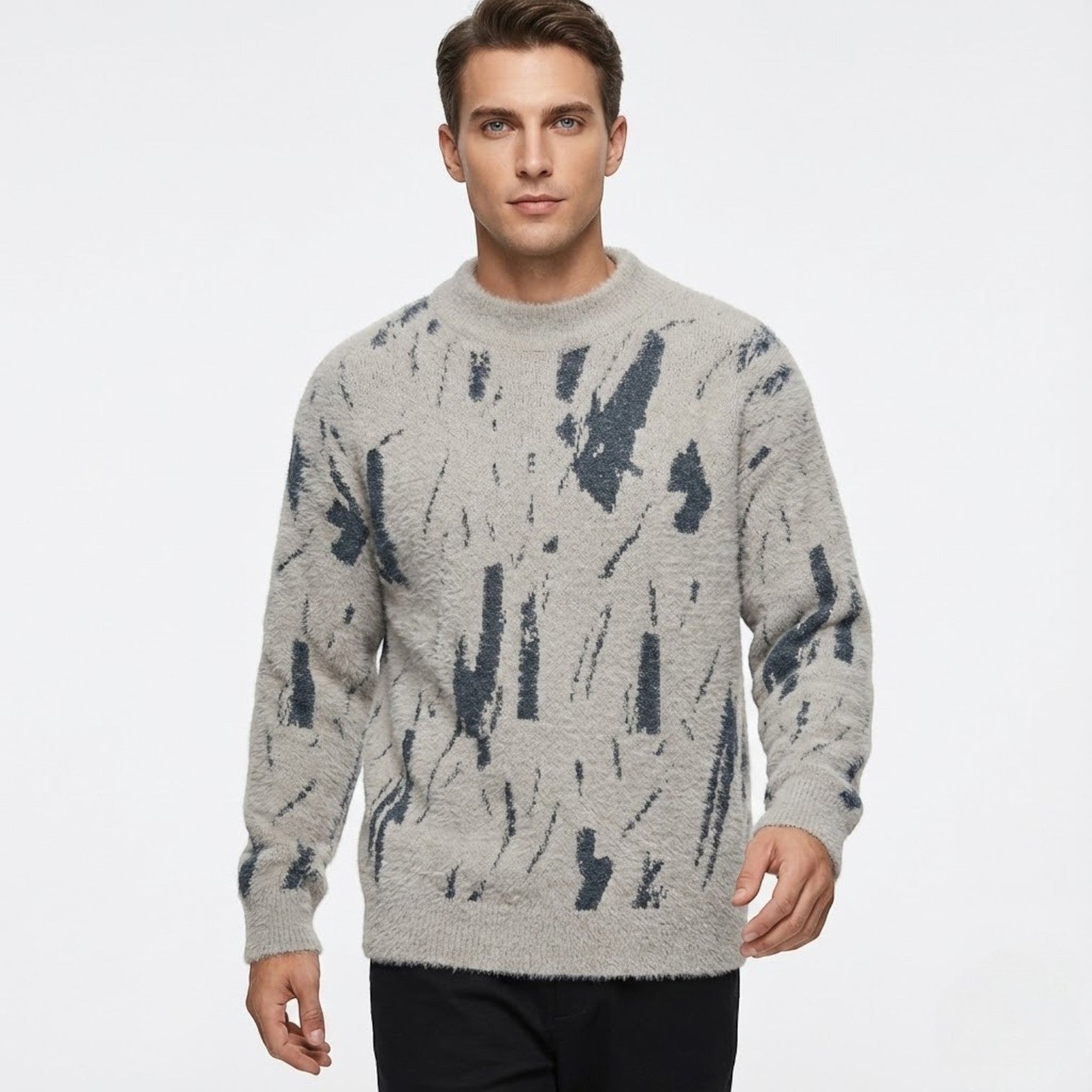 Men's wool sweater modern fit distinctive textured pattern gray beige white black winter warmth
