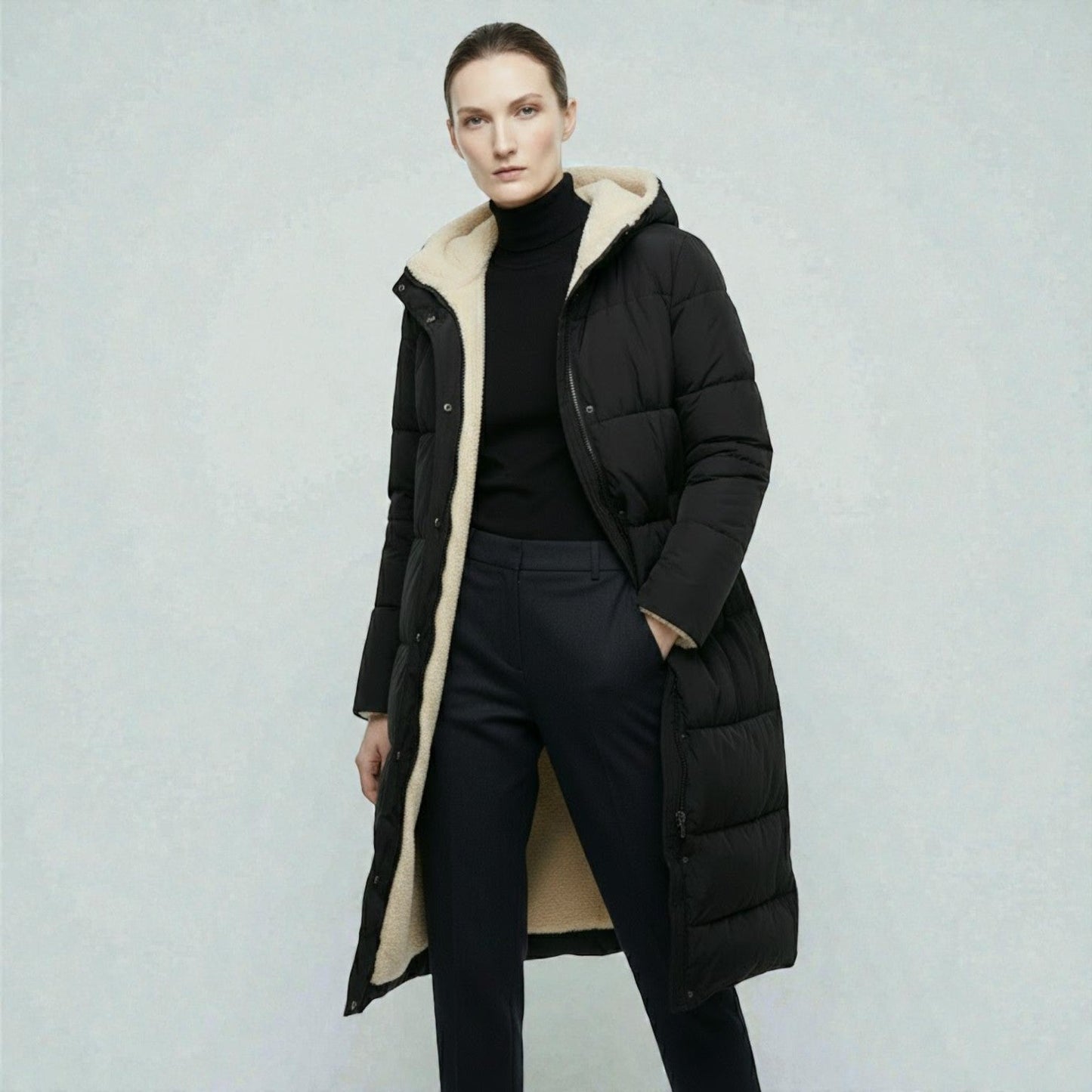 Women's reversible winter jacket dual-tone cozy fit with flip-style versatility for cold-weather everyday wear