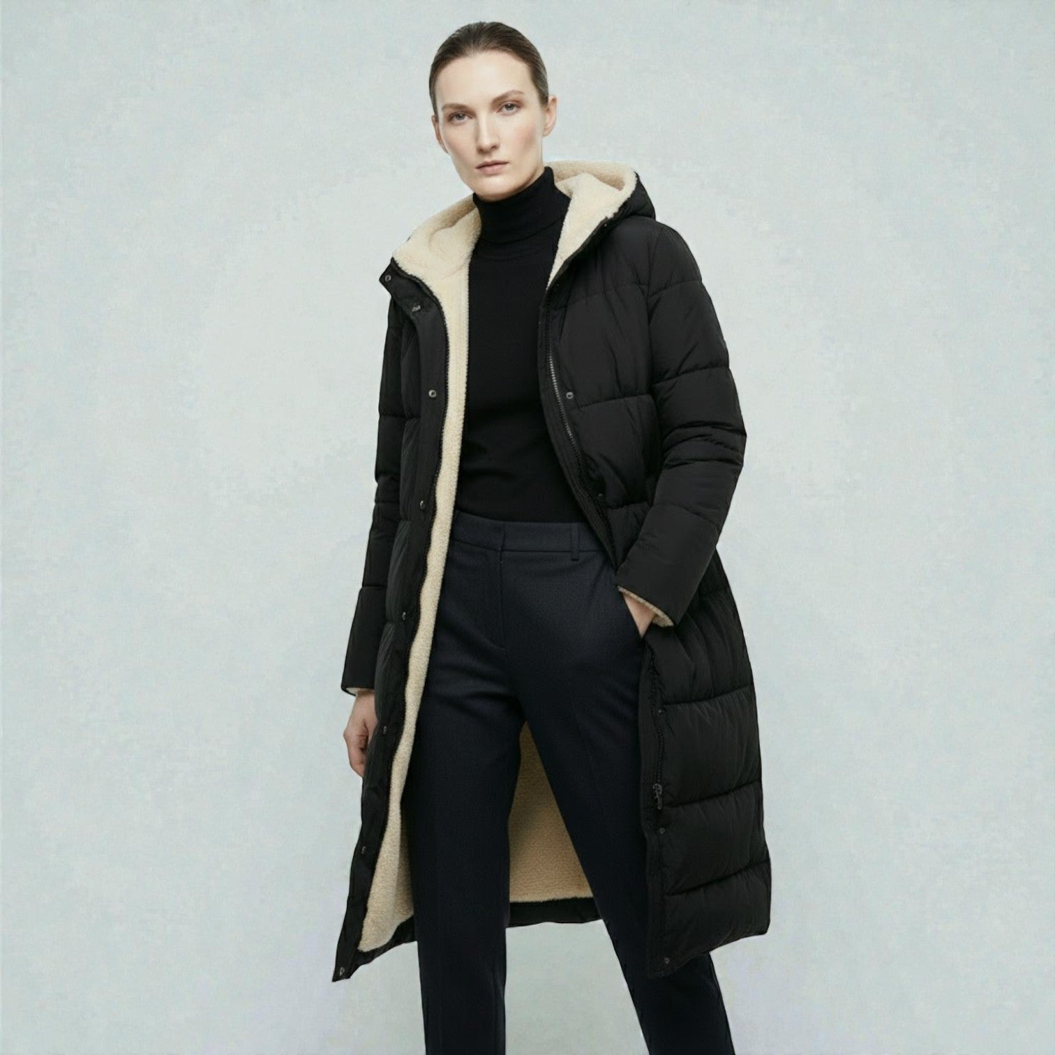 Women's reversible winter jacket dual-tone cozy fit with flip-style versatility for cold-weather everyday wear