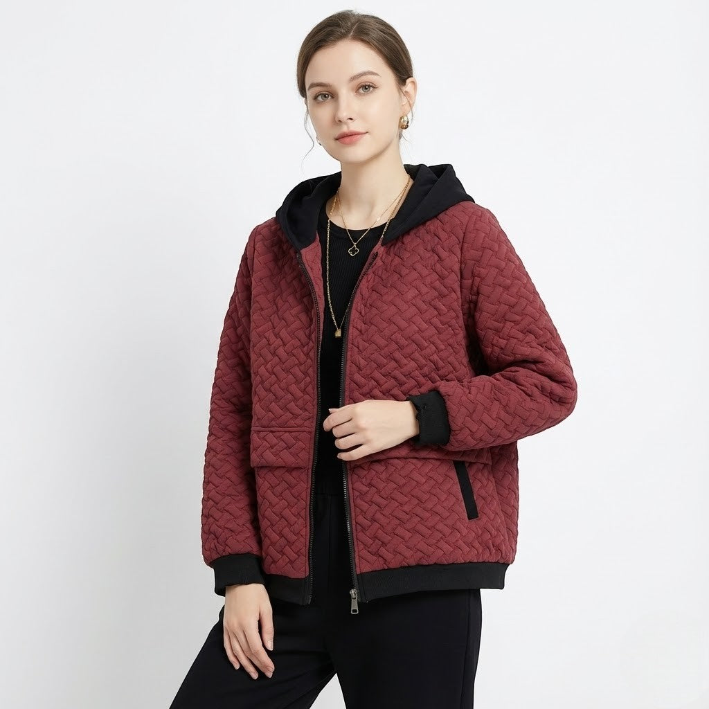 Talia women's quilted wool hooded jacket in red yellow black loose modern cut structured warmth