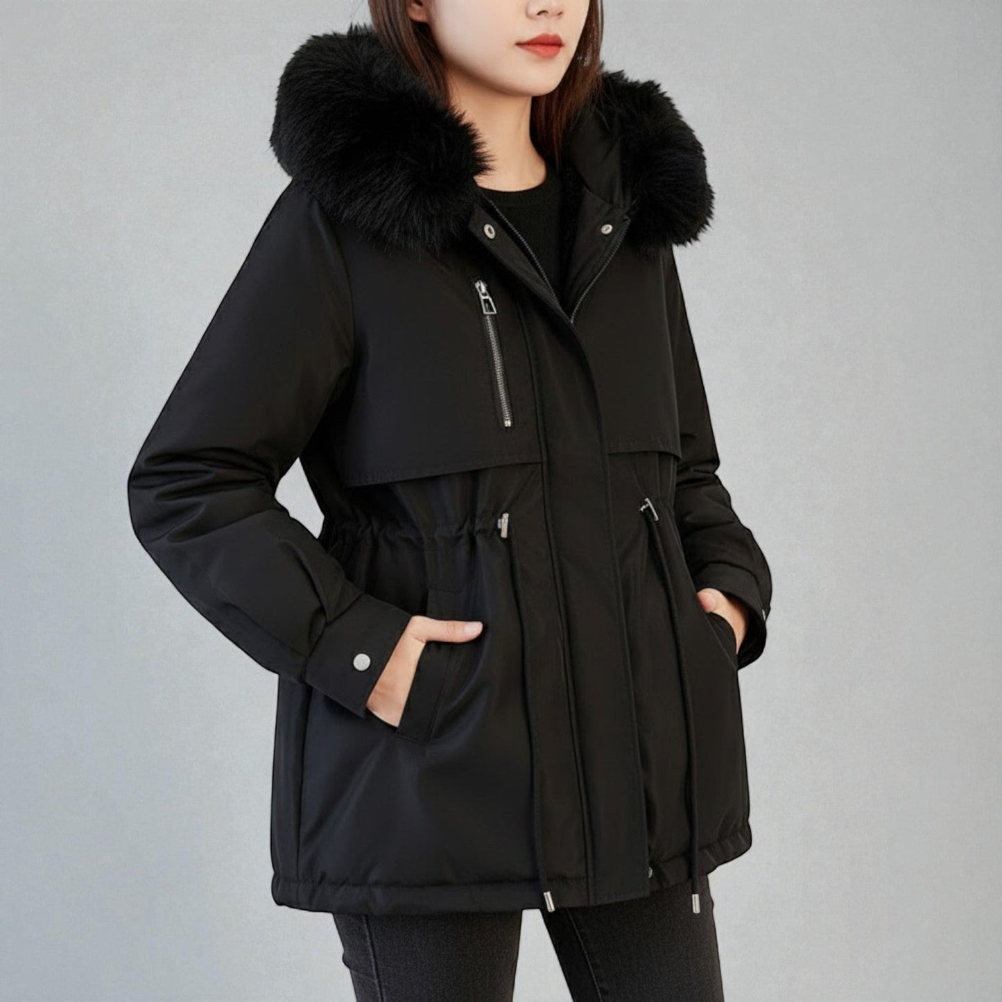 Women's long cotton down jacket with removable collar, elegant winter silhouette in warm neutral tone
