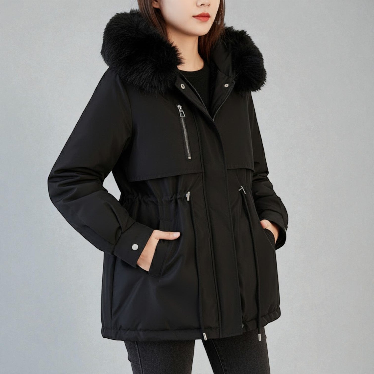 Women's long cotton down jacket with removable collar, elegant winter silhouette in warm neutral tone