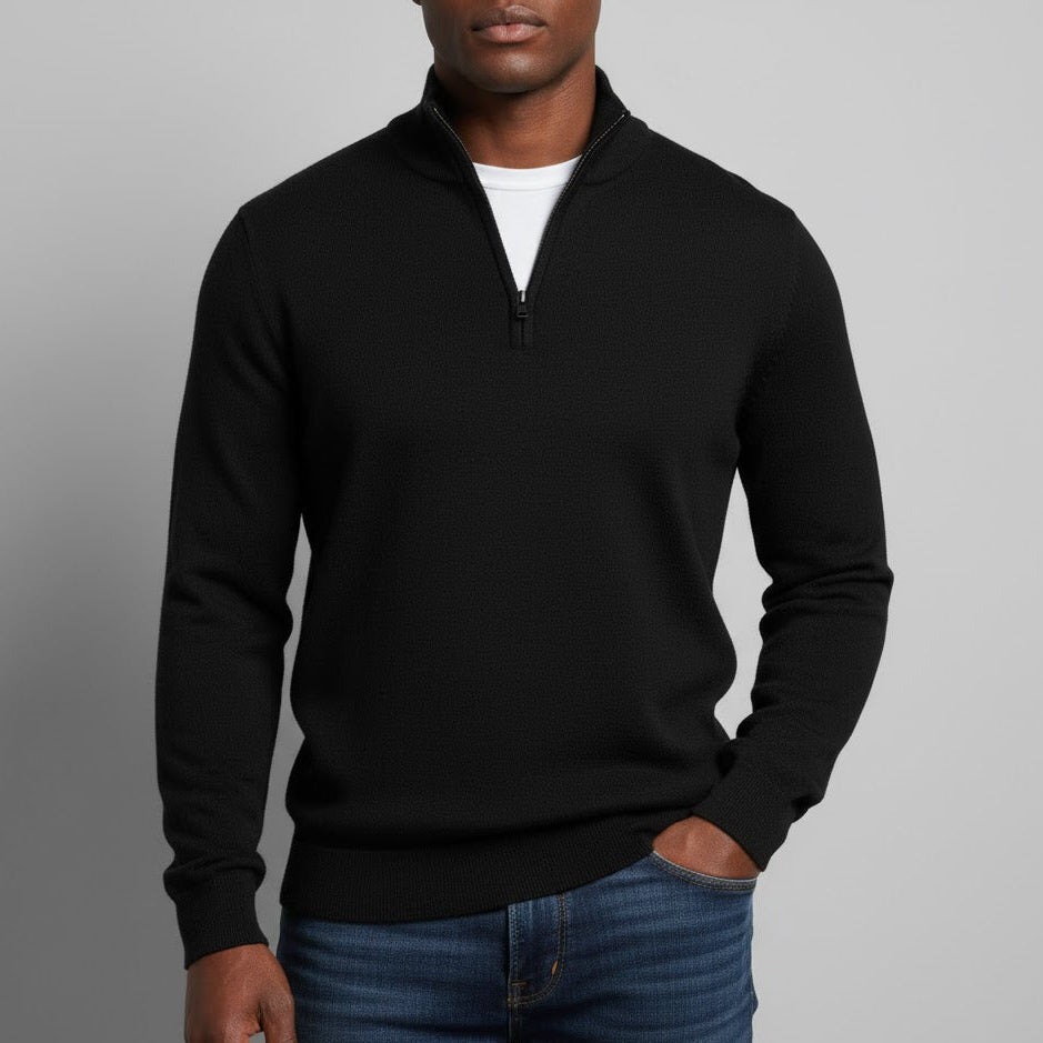 Men's slim fit half-zip cotton knit sweater in cozy winter style with modern closure detail