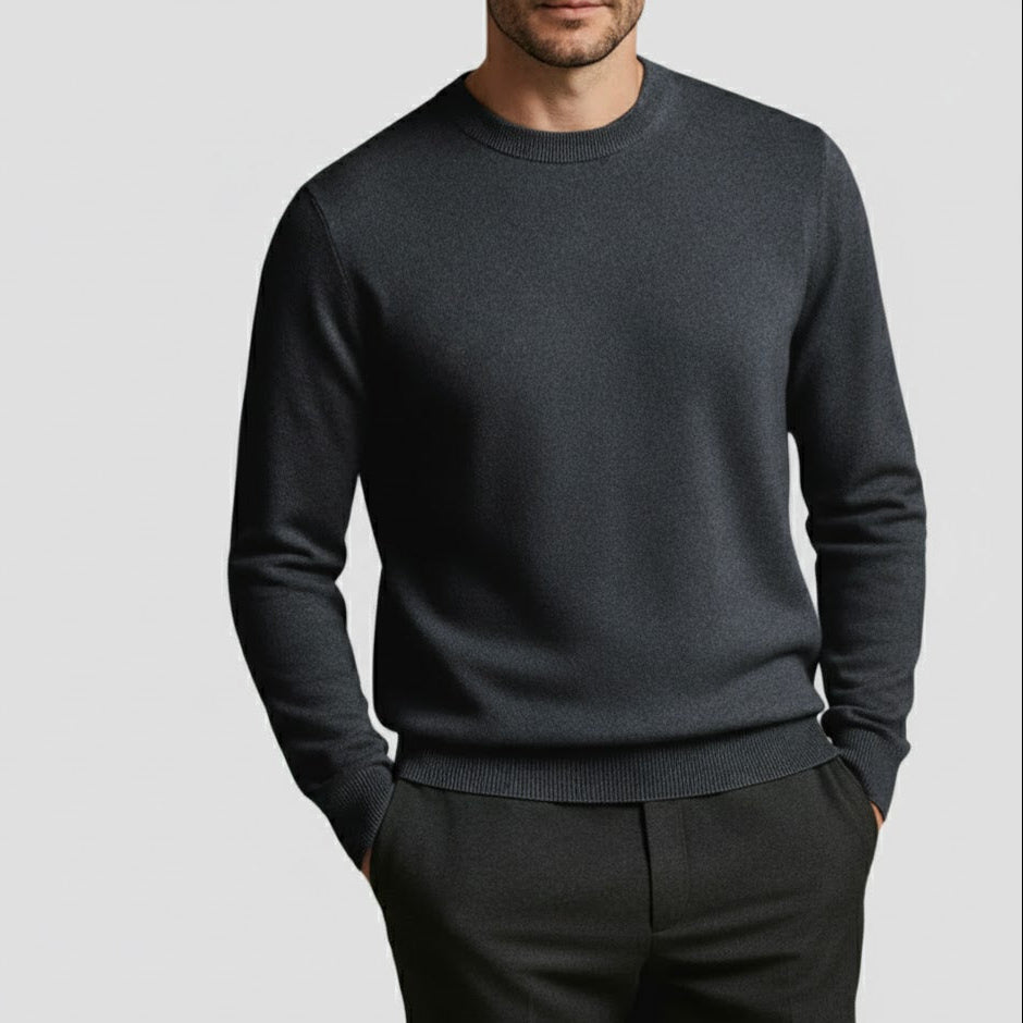 Men's fine wool crew neck sweater classic fit ribbed texture lightweight winter warmth