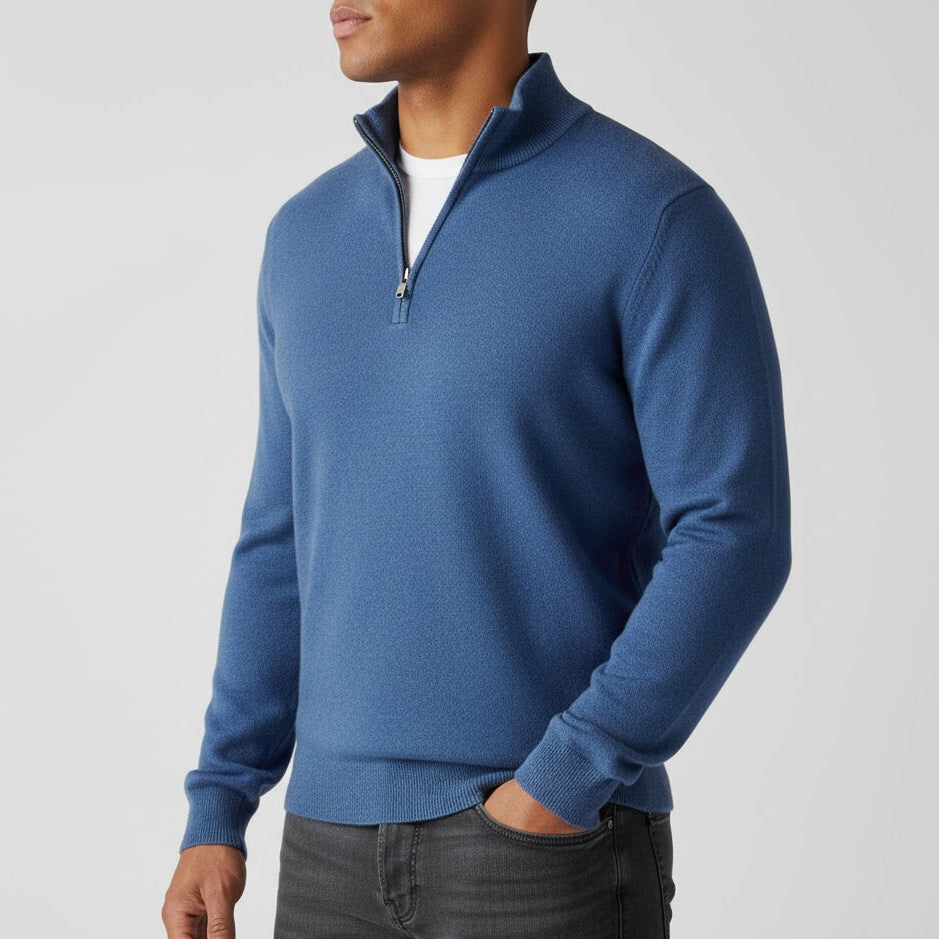 Men's slim fit half-zip cotton knit sweater in cozy winter style with modern closure detail