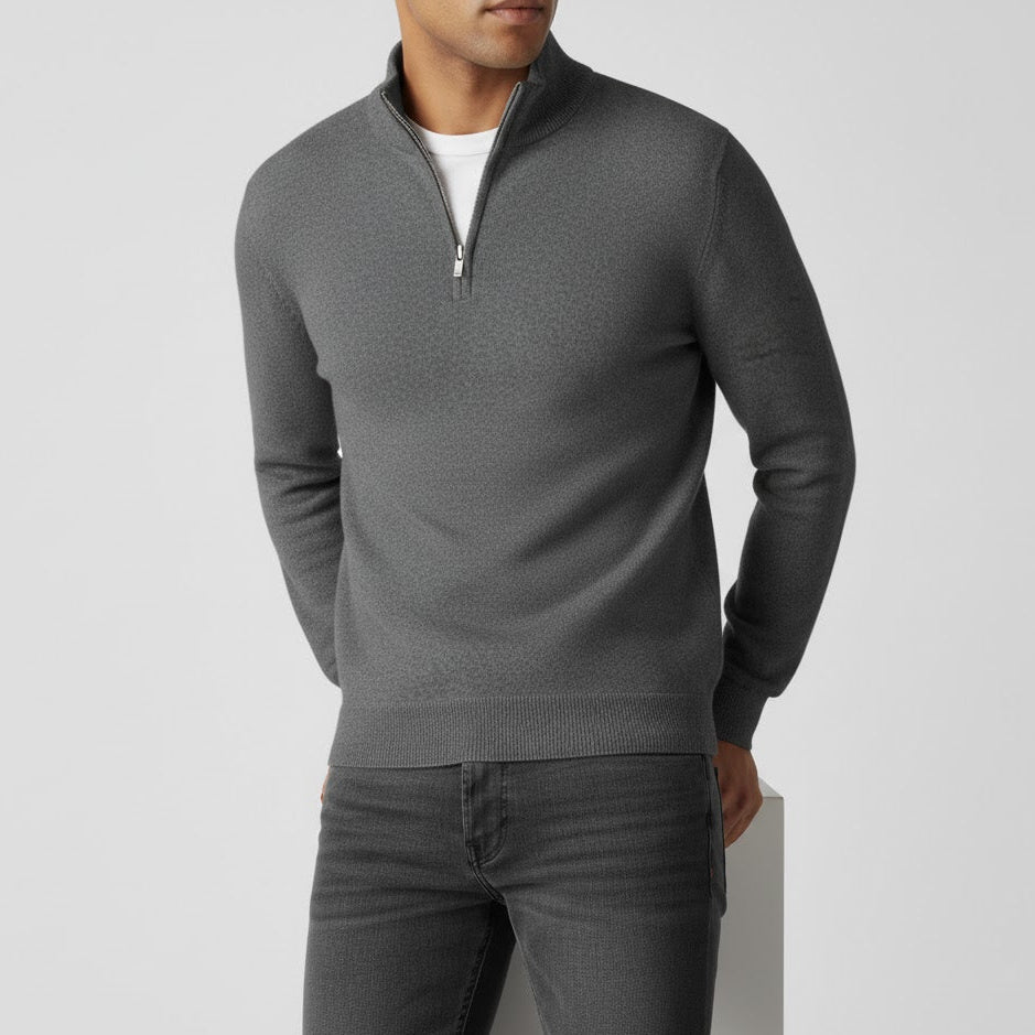 Men's slim fit half-zip cotton knit sweater in cozy winter style with modern ribbed collar