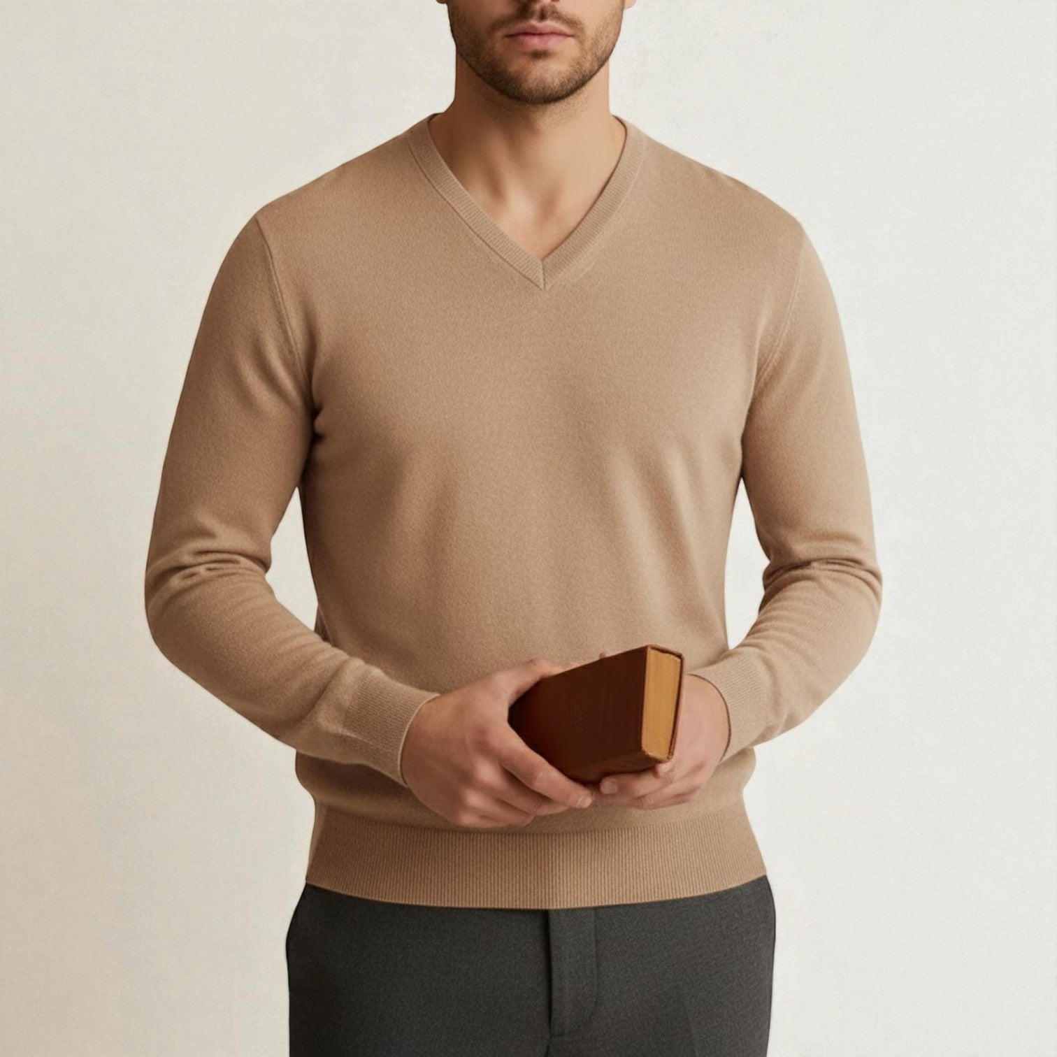 Bastien men's dense wool V-neck sweater classic fit in neutral tone for cold winter warmth