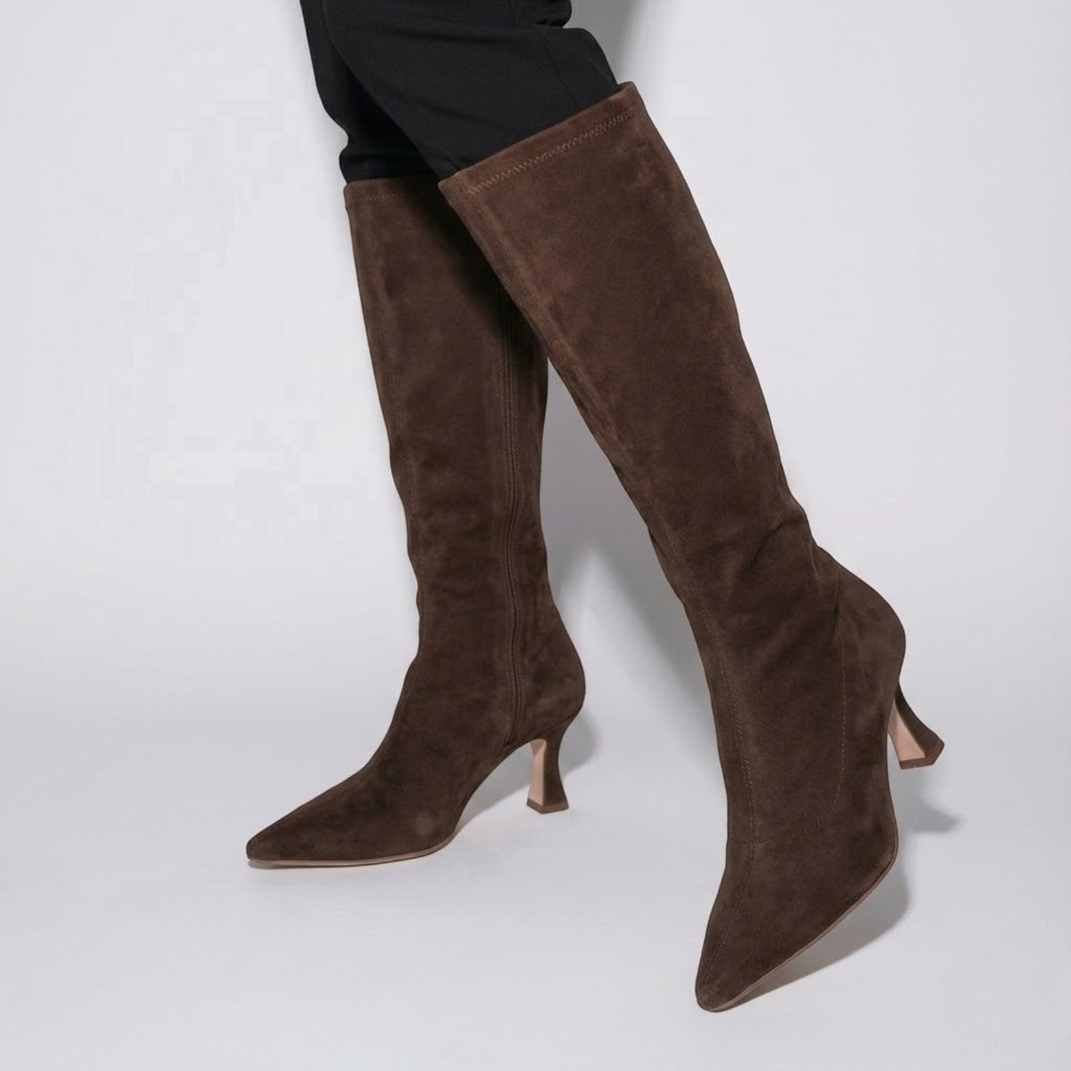 Women's camel suede knee-high boots slim silhouette with comfortable block heel for winter