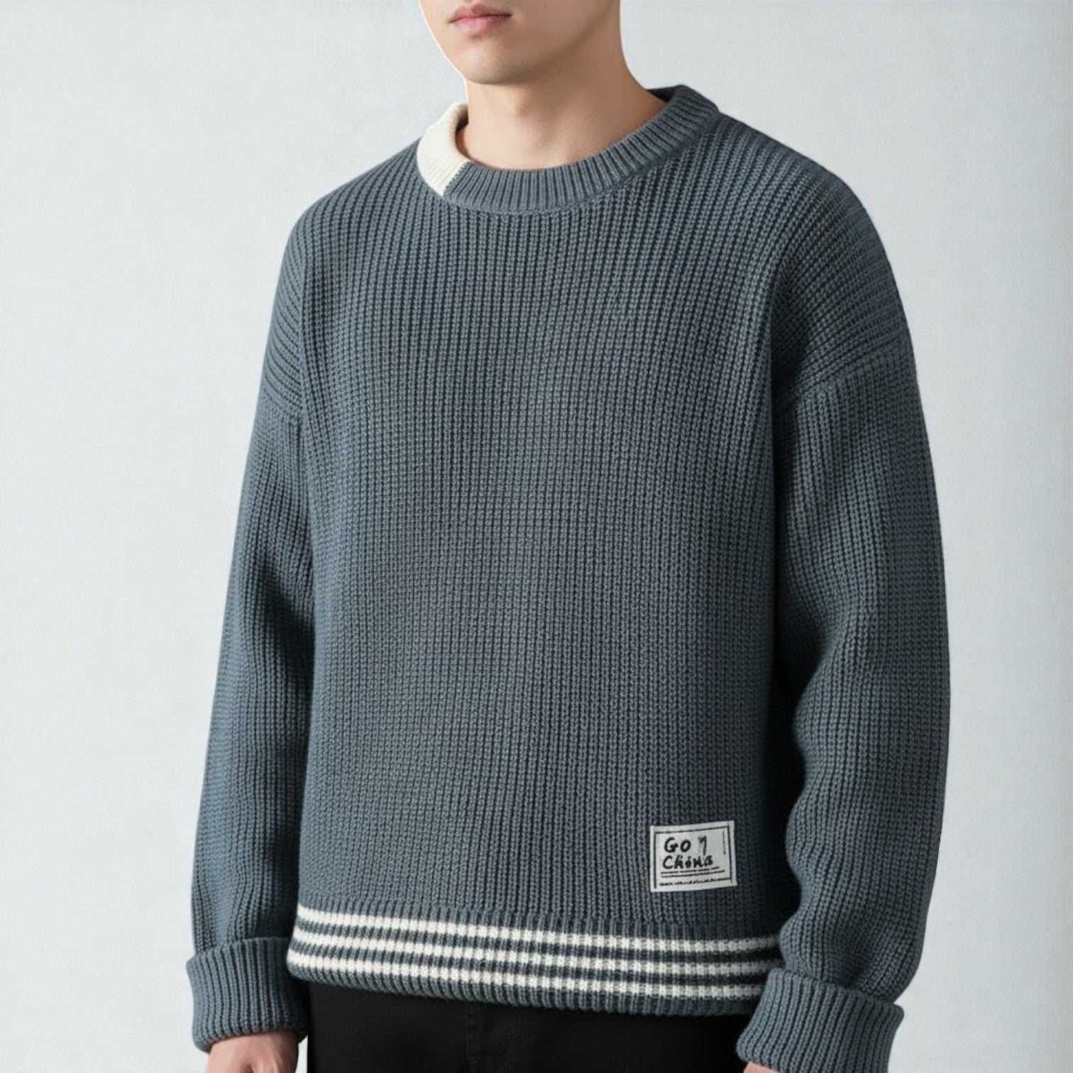 Lunaro men's cotton crew neck sweater in neutral tone, slim modern fit for office and city wear