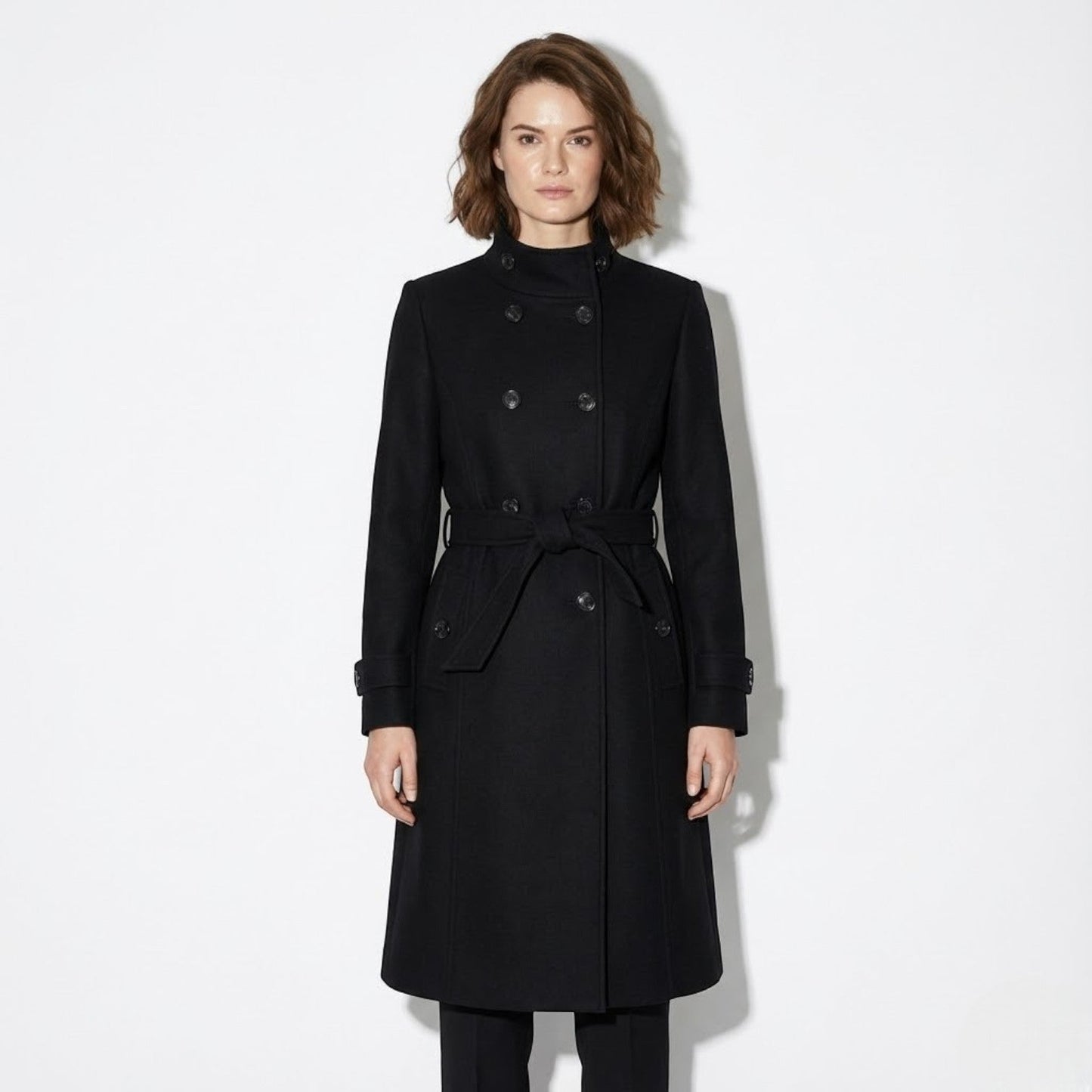 Serena women's black brown cotton coat long narrow silhouette sleek winter elegance everyday wear