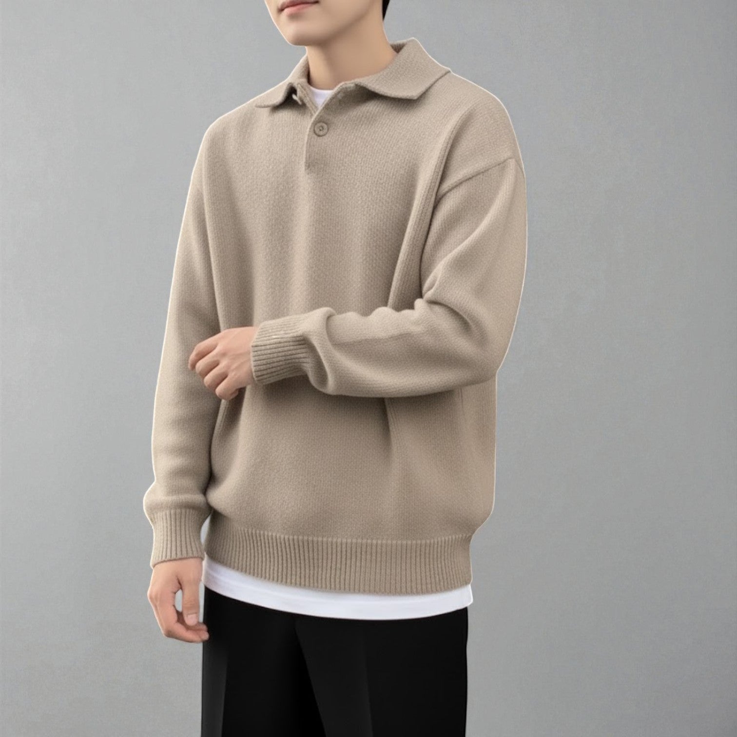 Men's soft cotton polo collar sweater structured knit winter essential in classic neutral tone