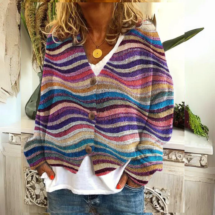 Women's floral knit cardigan with front button placket, straight cut, long sleeves, versatile layering