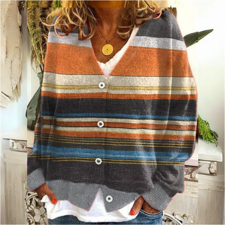 Women's floral knit cardigan with button placket, long sleeves, straight-cut layering style