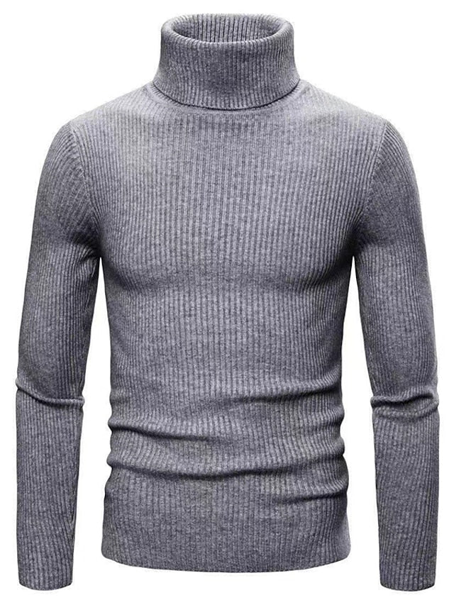 Men's ribbed knit turtleneck sweater, classic slim fit layering essential with high neck collar