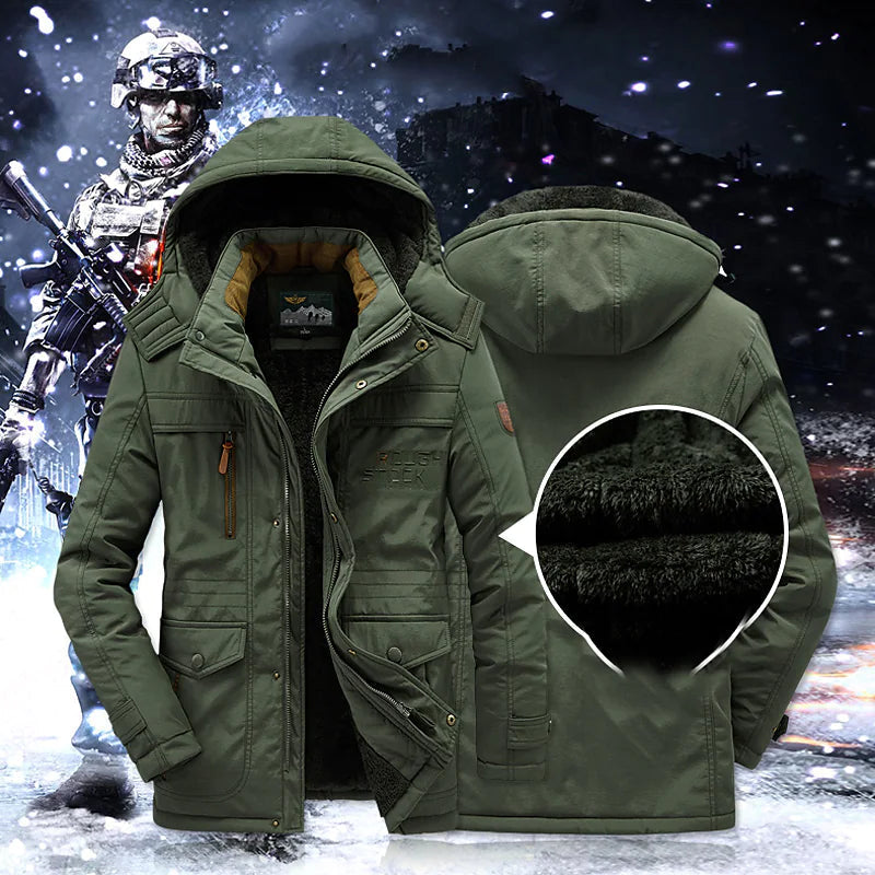Men's insulated hooded winter jacket heavy-duty structured fit for outdoor cold weather