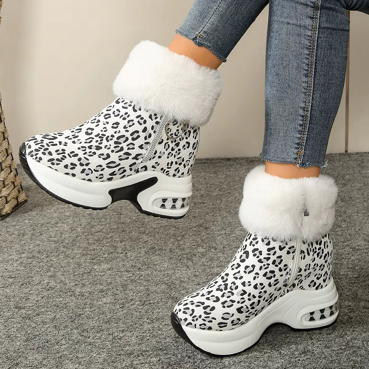 Beige faux suede platform boot with plush fur collar, bold chunky heel, and side zipper pull