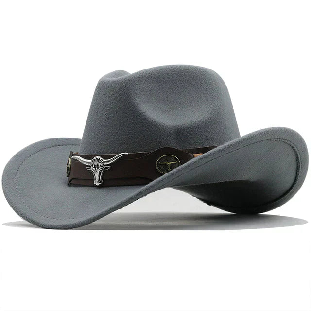 Structured felt Western hat with bison buckle strap, wide brim, ranch-ready outdoor style