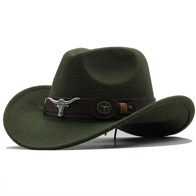 Structured felt western hat with bison buckle strap, rugged ranch style for outdoor and urban wear