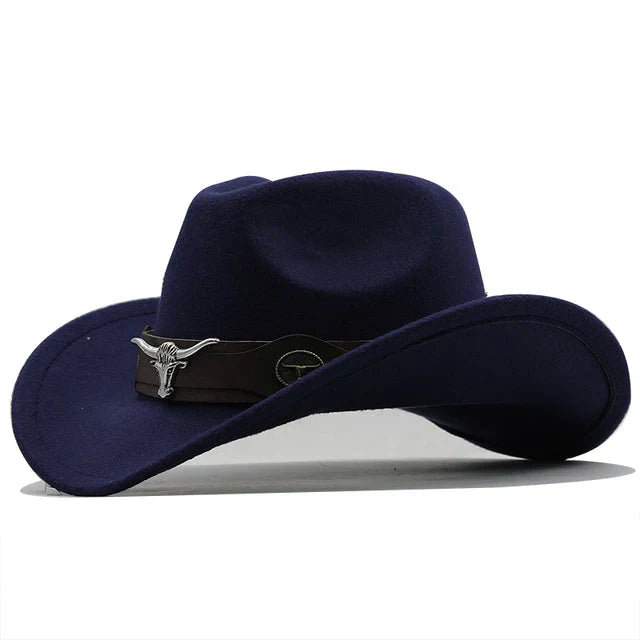 Structured felt Western hat with bison buckle strap, rugged ranch style for outdoor and urban wear
