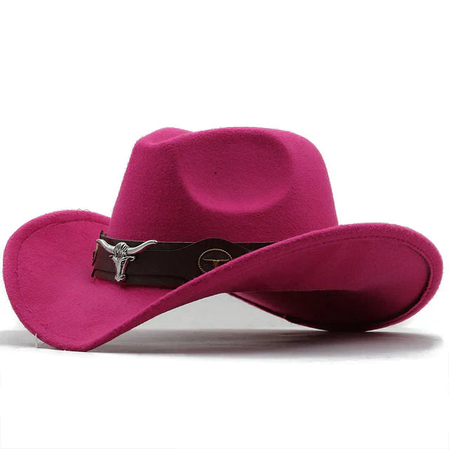 Structured felt western hat with bison buckle strap, rugged ranch style for outdoor and urban wear