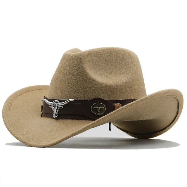 Structured felt western hat with bison buckle strap, rugged ranch style for outdoor and urban wear