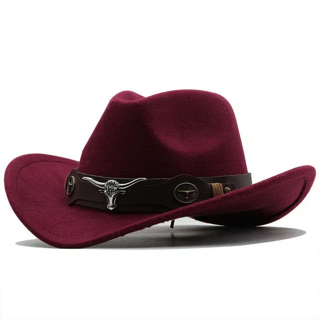 Structured felt western hat with bison buckle strap, rugged ranch style for outdoor and urban wear