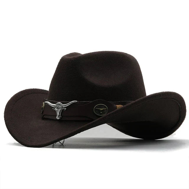 Structured felt western hat with bison buckle strap, wide brim, ranch-ready outdoor style