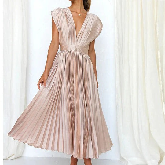 Women's V-neck midi dress with pleated skirt, adjustable tie-back waist, effortless elegant silhouette