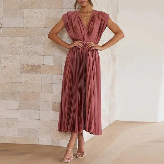 Women's V-neck midi dress with pleated skirt, adjustable tie-back waist, effortless elegant silhouette