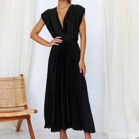Women's v-neck midi dress with adjustable tie-back waist and flowy pleated skirt elegant style