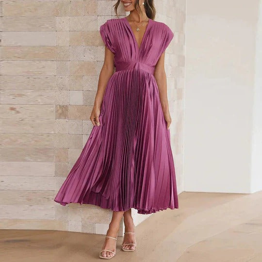 Women's V-neck midi dress with pleated skirt, adjustable tie-back waist, effortless elegant silhouette