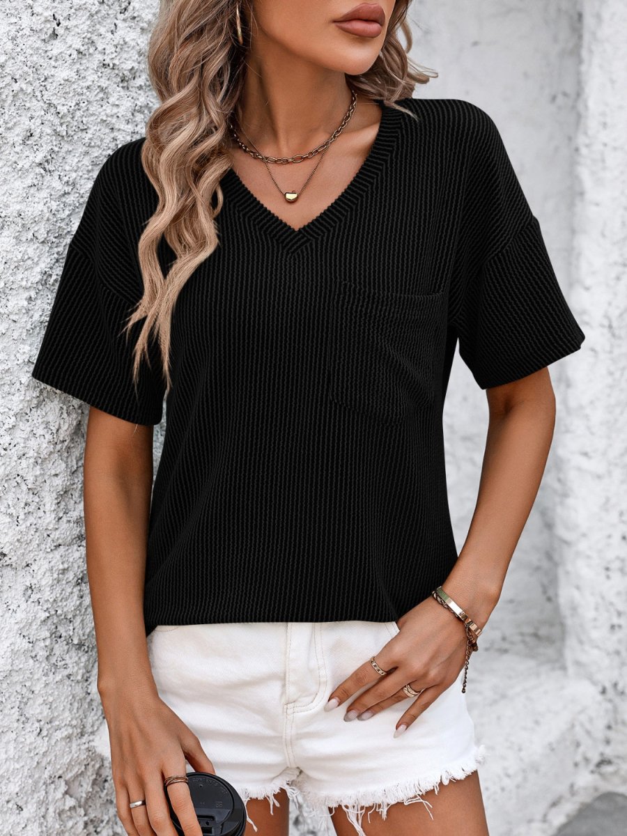 Unisex v-neck dropped shoulder relaxed-fit tee in neutral tone, perfect for casual layering