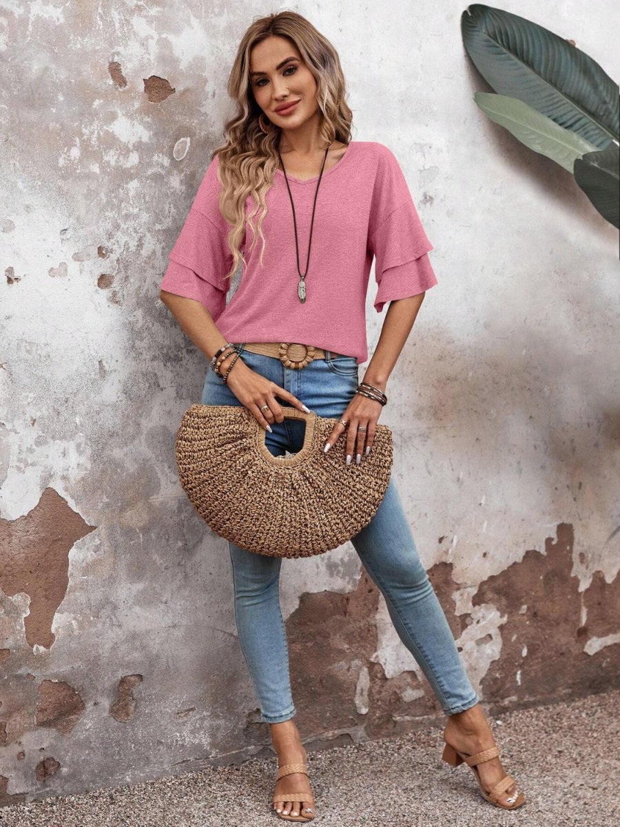 Women's elegant white V-neck half sleeve blouse with flattering fit, breathable office-ready top