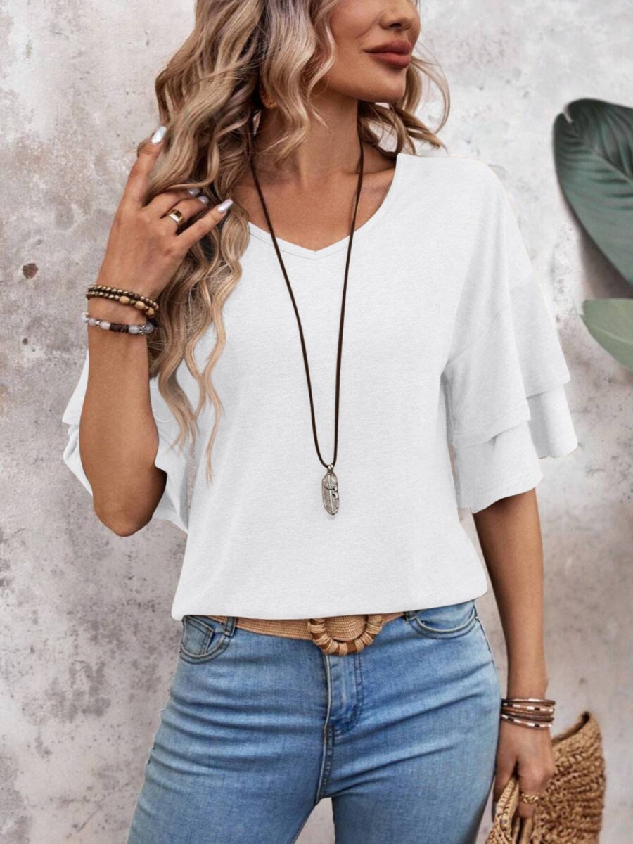 Women's elegant white V-neck half sleeve blouse with flattering fit and breathable fabric